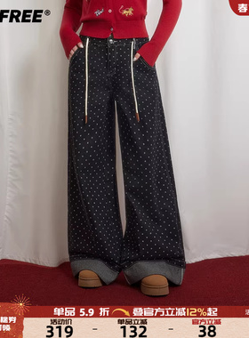 UNIFREE韩版波点印花牛仔裤女阔腿宽松黑色时尚复古直筒高腰裤子