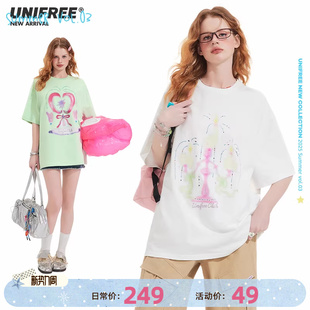 宽松短袖 UNIFREE韩版 T恤烫钻蝴蝶结印花学院风百搭上衣 25年夏