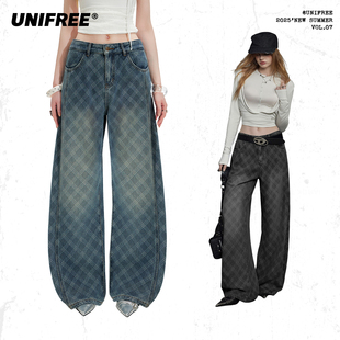 UNIFREE加绒菱格纹牛仔裤秋冬加厚美式复古宽松阔腿弯刀香蕉裤