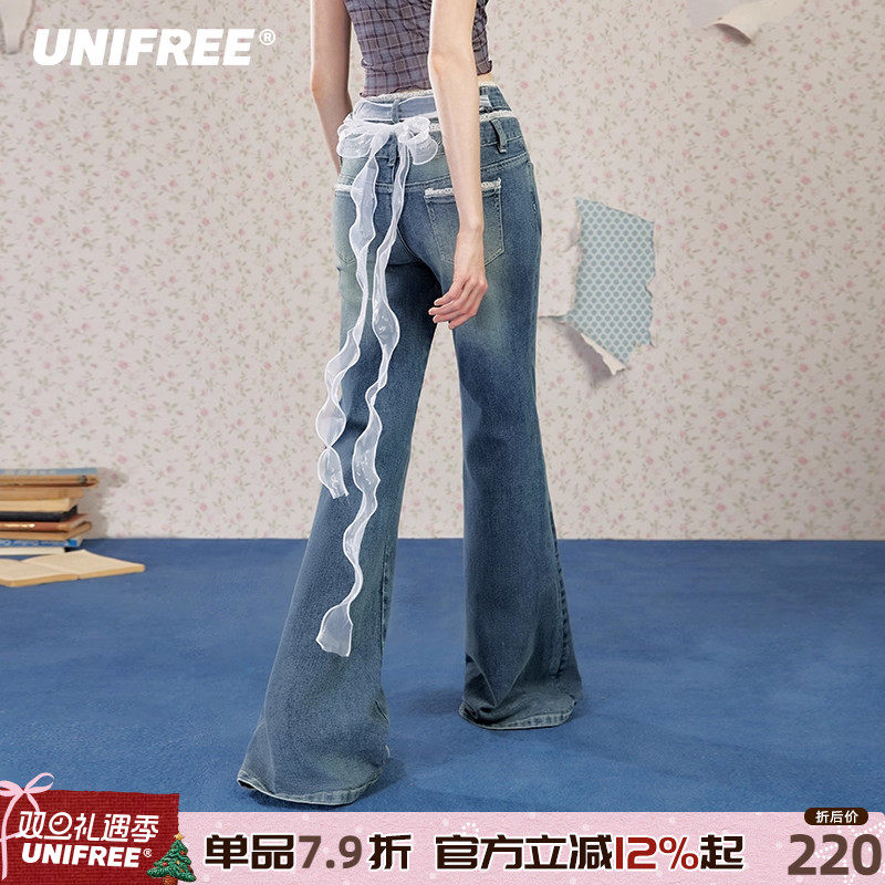 UNIFREE双腰头牛仔喇叭裤女新款蕾丝拼接复古水洗高腰时尚拖地裤