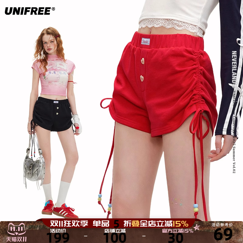 UNIFREE安可拉红休闲短裤新款设计感抽绳褶皱甜辣风百搭包臀热裤