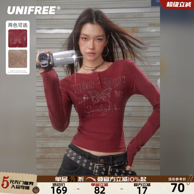 UNIFREE美式烫钻长袖T恤