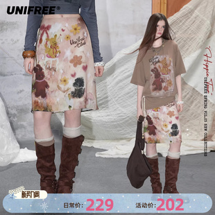 UNIFREE童趣动物印花半身裙26年春新款 直筒少女百搭显瘦包臀裙子