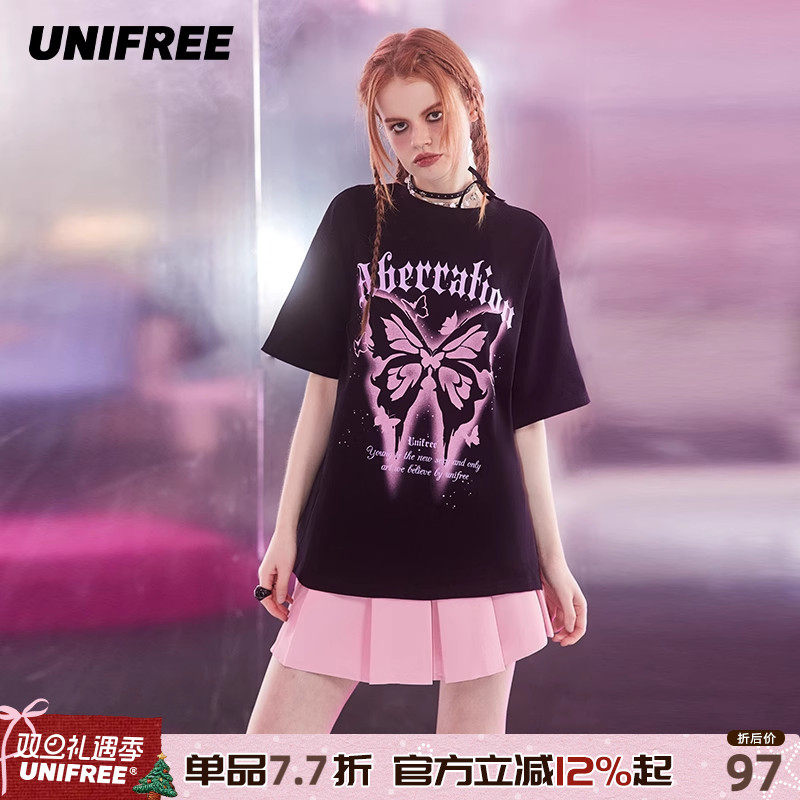 UNIFREE甜酷辣妹T恤朋克风黑粉蝴蝶街头潮流宽松显瘦百搭短袖上衣