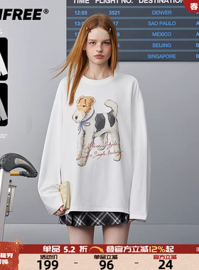 UNIFREE可爱小狗印花长袖T恤套头宽松休闲松弛感潮牌时尚百搭上衣