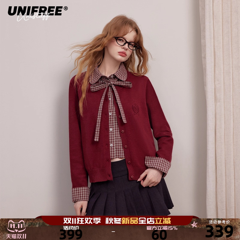 UNIFREE酒红色娃娃领针织衫