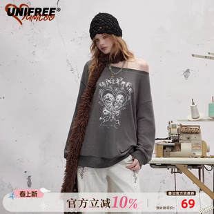 UNIFREE灰色斜肩卫衣女街头韩系设计感做旧落肩oversize宽松上衣