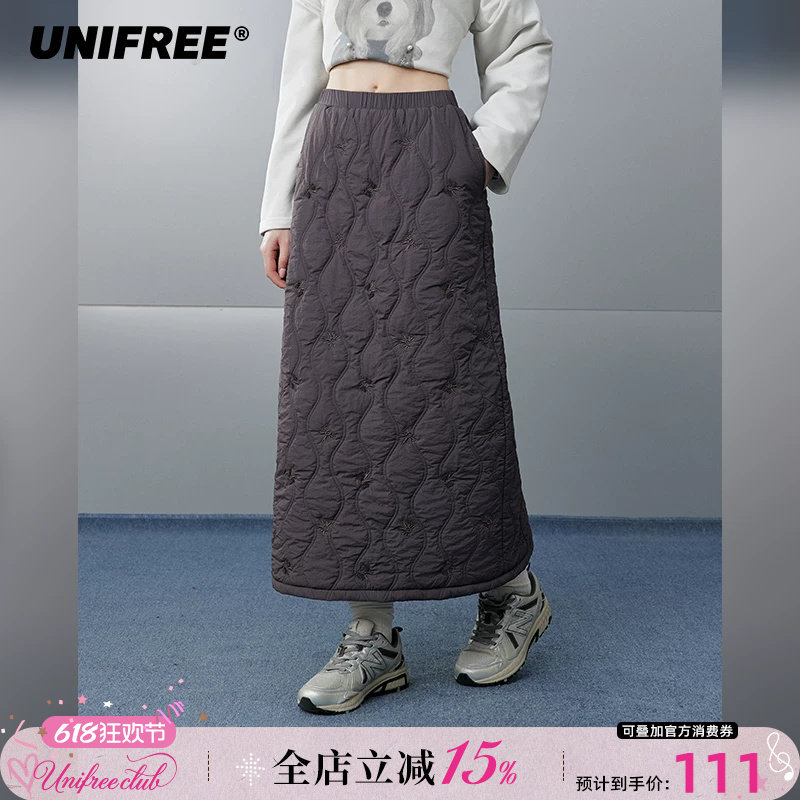 UNIFREE韩版加棉半身裙女时尚新款保暖加厚宽松复古百搭长款裙子