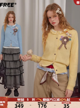 UNIFREE蓝色多巴胺针织开衫蕾丝花边拼接秋冬小个子别致上衣外套