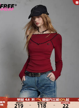 UNIFREE红色斜肩长袖T恤25年秋款假两家蕾丝拼接性感收腰辣妹上衣