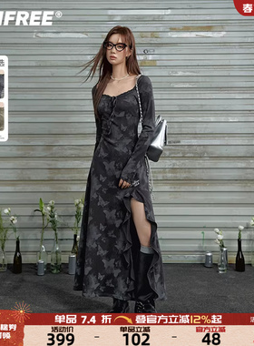 UNIFREE纯欲长袖连衣裙女新款蕾丝边蝴蝶结系带辣妹开衩性感长裙