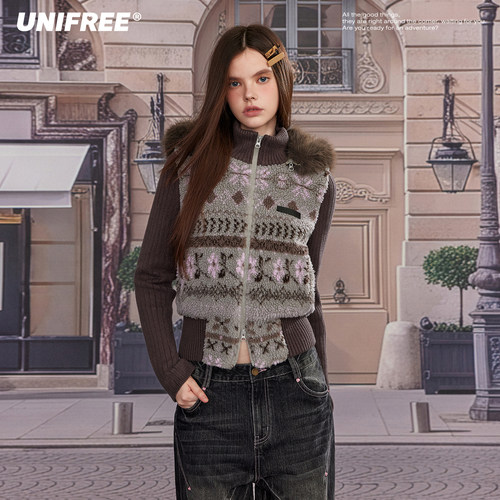 【昕怡粉丝专享】UNIFREE冬季费尔岛提花复古坎肩U263B977P1P1