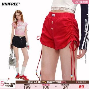 UNIFREE安可拉红休闲短裤新款设计感抽绳褶皱甜辣风百搭包臀热裤