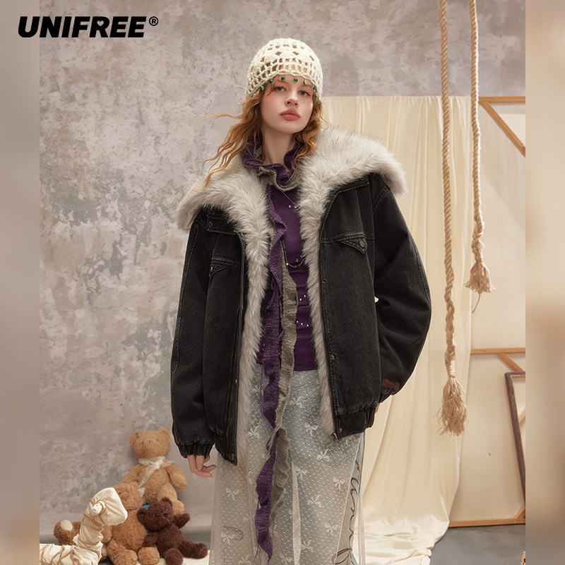 【昕怡专属】UNIFREE牛仔拼接外套宽松机车风加厚U254B403G1G1-2