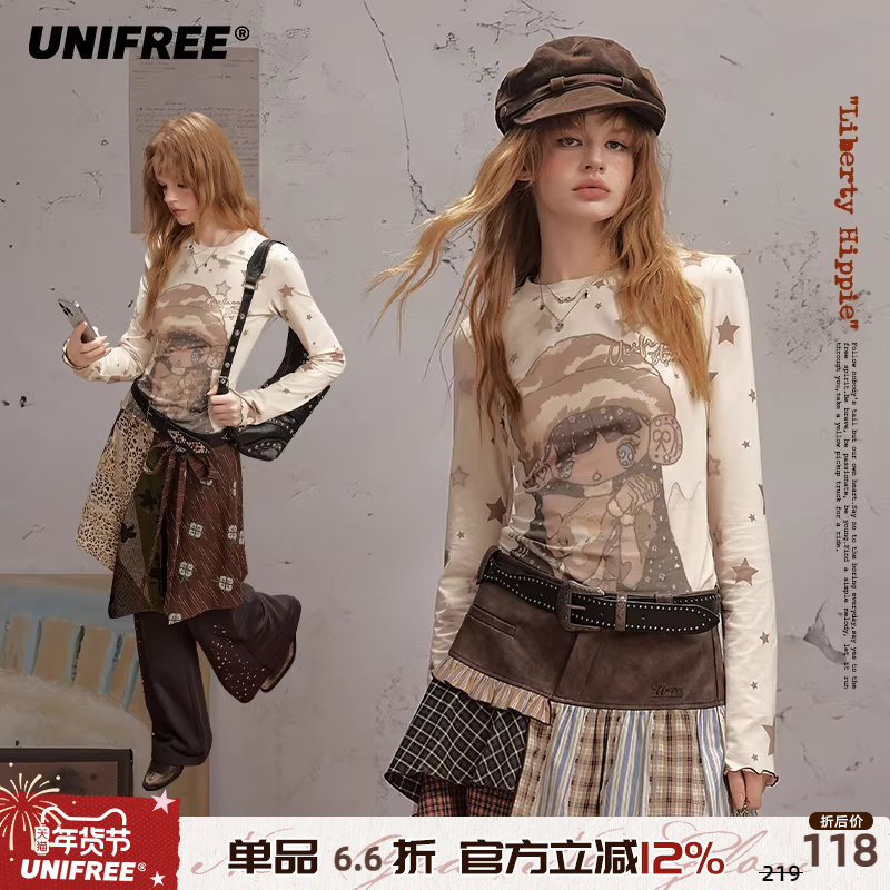 【插画师联名】UNIFREE童趣印花长袖T恤25年早秋新款洋气打底上衣,女装/女士精品,T恤,淘宝优惠券,粉丝福利购,淘宝优惠卷