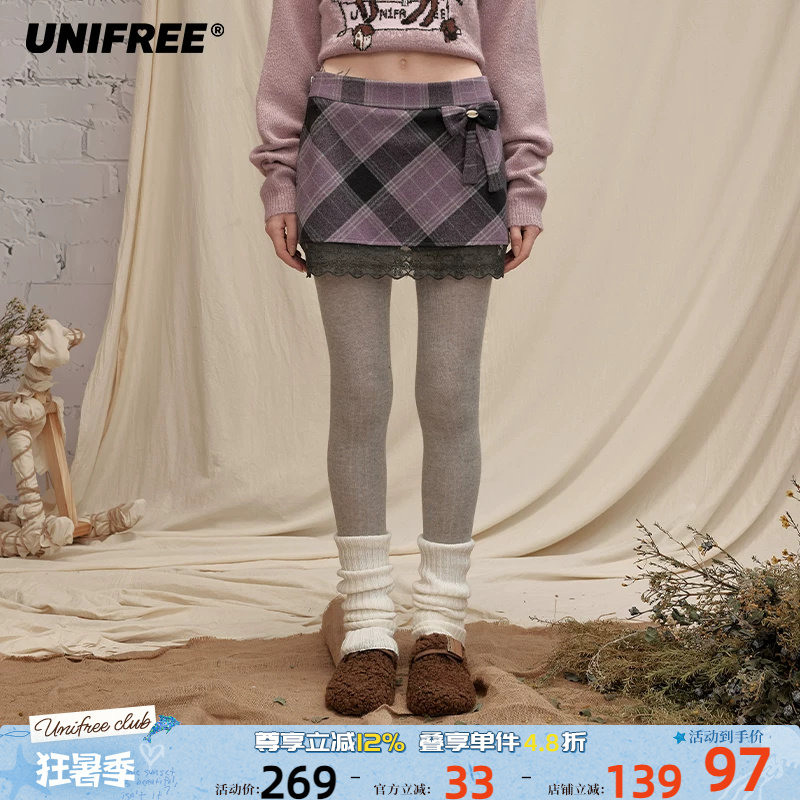UNIFREE紫色格纹毛呢半身裙撞色蝴蝶结蕾丝边小个子显瘦包臀短裙