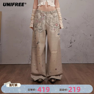子 低腰直筒阔腿百搭长裤 UNIFREE蕾丝链条印花宽松休闲裤 25年秋款