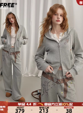 UNIFREE秋季灰色美式连帽卫衣外套复古新款拉链毛圈上衣裤子套装