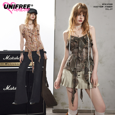 【25年夏】UNIFREE波嬉风吊带背心女荷叶边不规则设计感飘带上衣