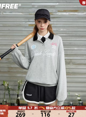 UNIFREE灰色格雷系polo领卫衣美式复古百搭宽松潮牌显瘦时尚上衣