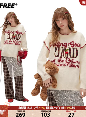 UNIFREE白色套头毛衣字母提花撞色假两件软糯宽松复古减龄针织衫