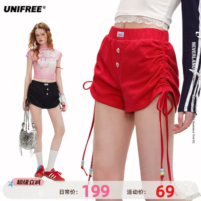 UNIFREE安可拉红休闲短裤新款设计感抽绳褶皱甜辣风百搭包臀热裤