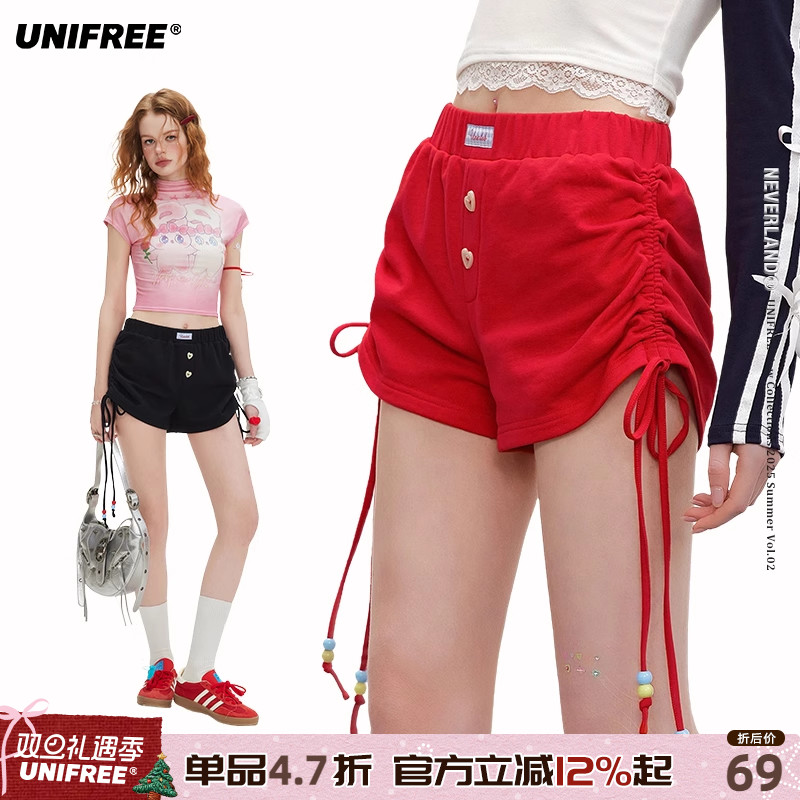 UNIFREE安可拉红休闲短裤新款设计感抽绳褶皱甜辣风百搭包臀热裤