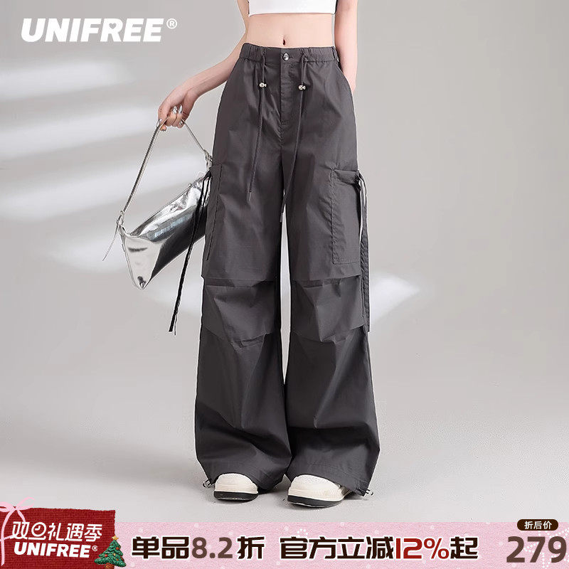 UNIFREE美式复古休闲裤女潮酷百搭宽松直筒阔腿工装多口袋伞兵裤