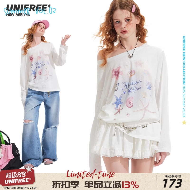 UNIFREE白色轻薄长袖T恤女夏季宽松可爱甜美纯欲风松弛感慵懒罩衫