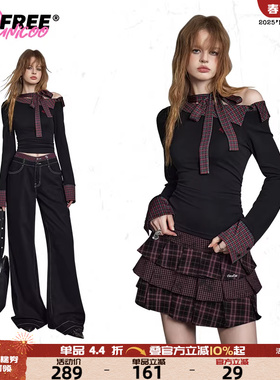 UNIFREE黑色斜肩长袖T恤25年秋假两件格纹拼接撞色美式辣妹风上衣