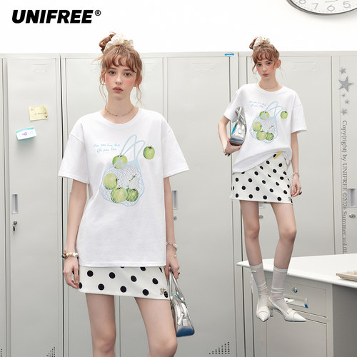 【昕怡粉丝专享】UNIFREE白色苹果印花短袖T恤U262G068B1B1