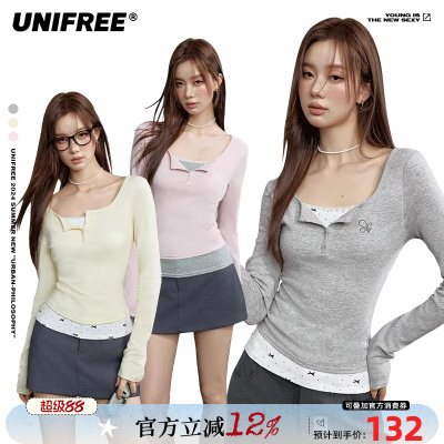 UNIFREE假两件长袖T恤女多色美式辣妹蕾丝边撞色紧身显瘦打底上衣