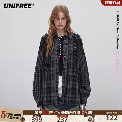 UNIFREE黑色格纹长袖衬衫女哥特复古25秋季新款花边炸街独特上衣