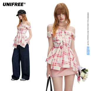 衬衫 UNIFREE红色格纹短袖 女吊带一字领韩系甜美绑带收腰洋气上衣