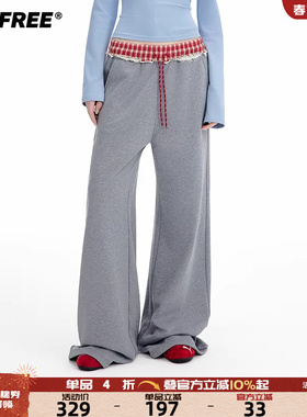 UNIFREE灰色复古休闲运动裤女格纹腰头拼接25年秋款阔腿百搭卫裤