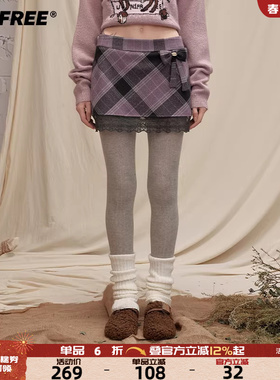 UNIFREE紫色格纹毛呢半身裙撞色蝴蝶结蕾丝边小个子显瘦包臀短裙