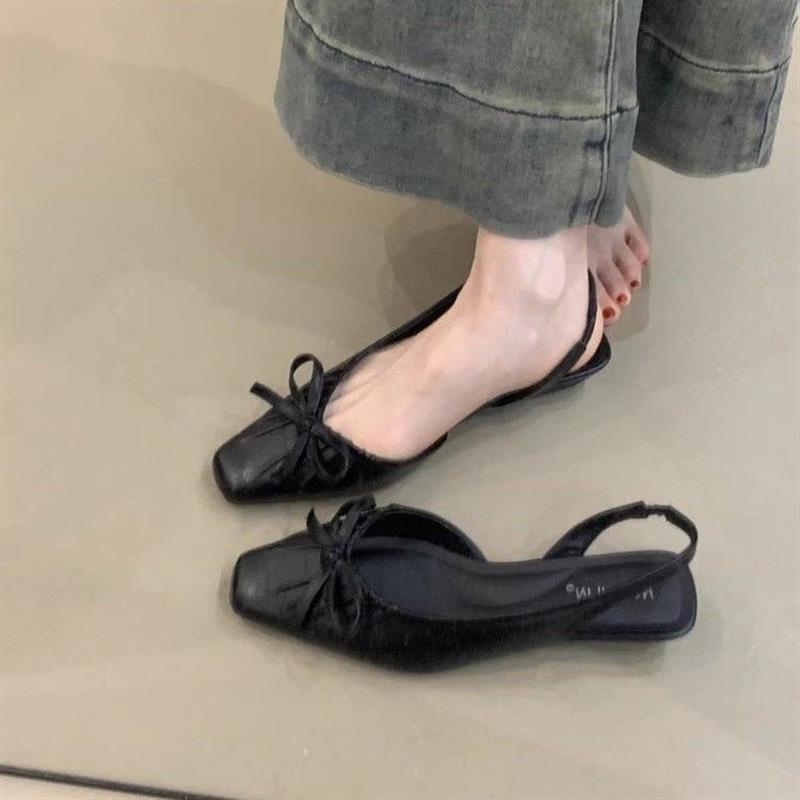 温柔仙女风坡跟包头凉鞋女2026春夏新款法式配裙子褶皱蝴蝶结凉鞋