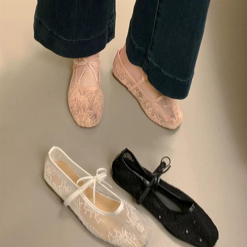 大码41-42玛丽珍芭蕾舞鞋女网面新款仙女镂空网布蕾丝绣花鞋单鞋