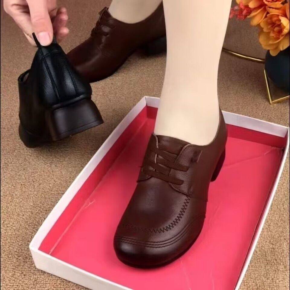 单鞋女2026秋季新款真软皮粗跟牛津软底舒适百搭圆头女鞋妈妈鞋