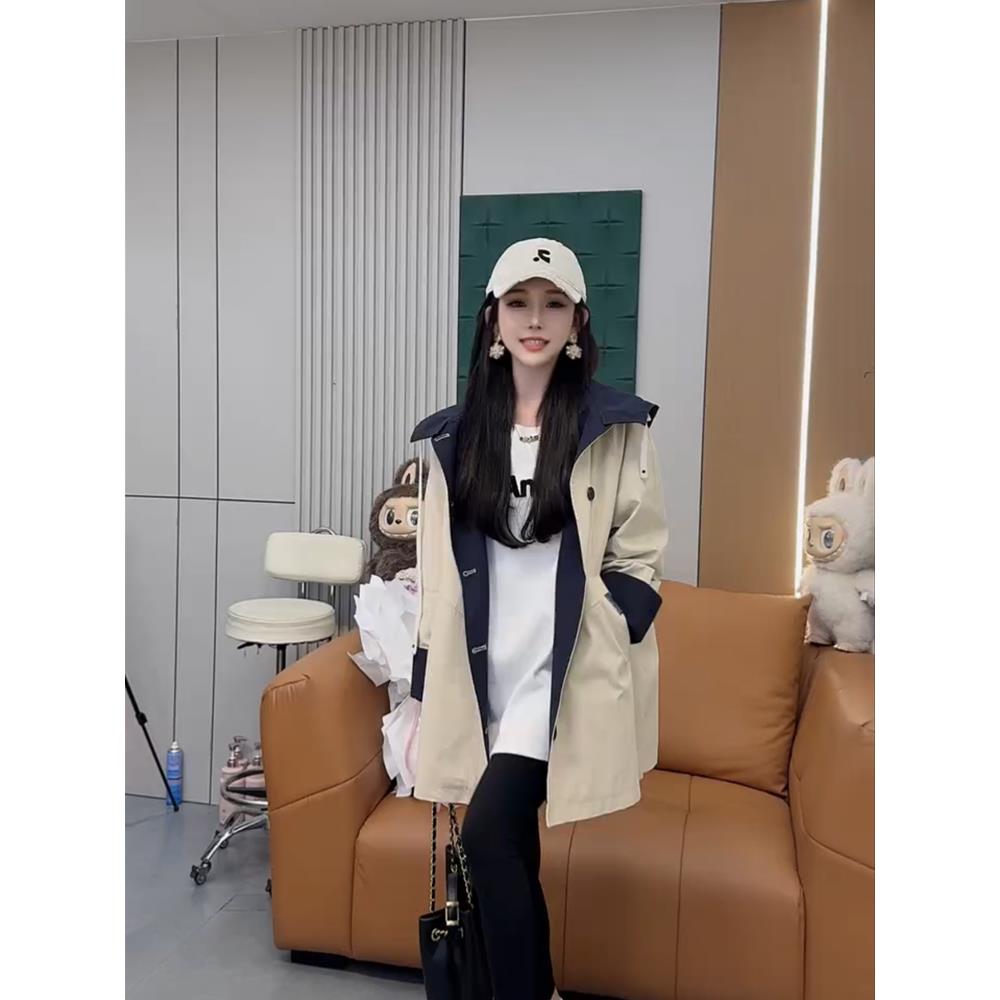 韩系风衣外套女中长款2025春秋新款巨好看小个子连帽休闲女装上衣
