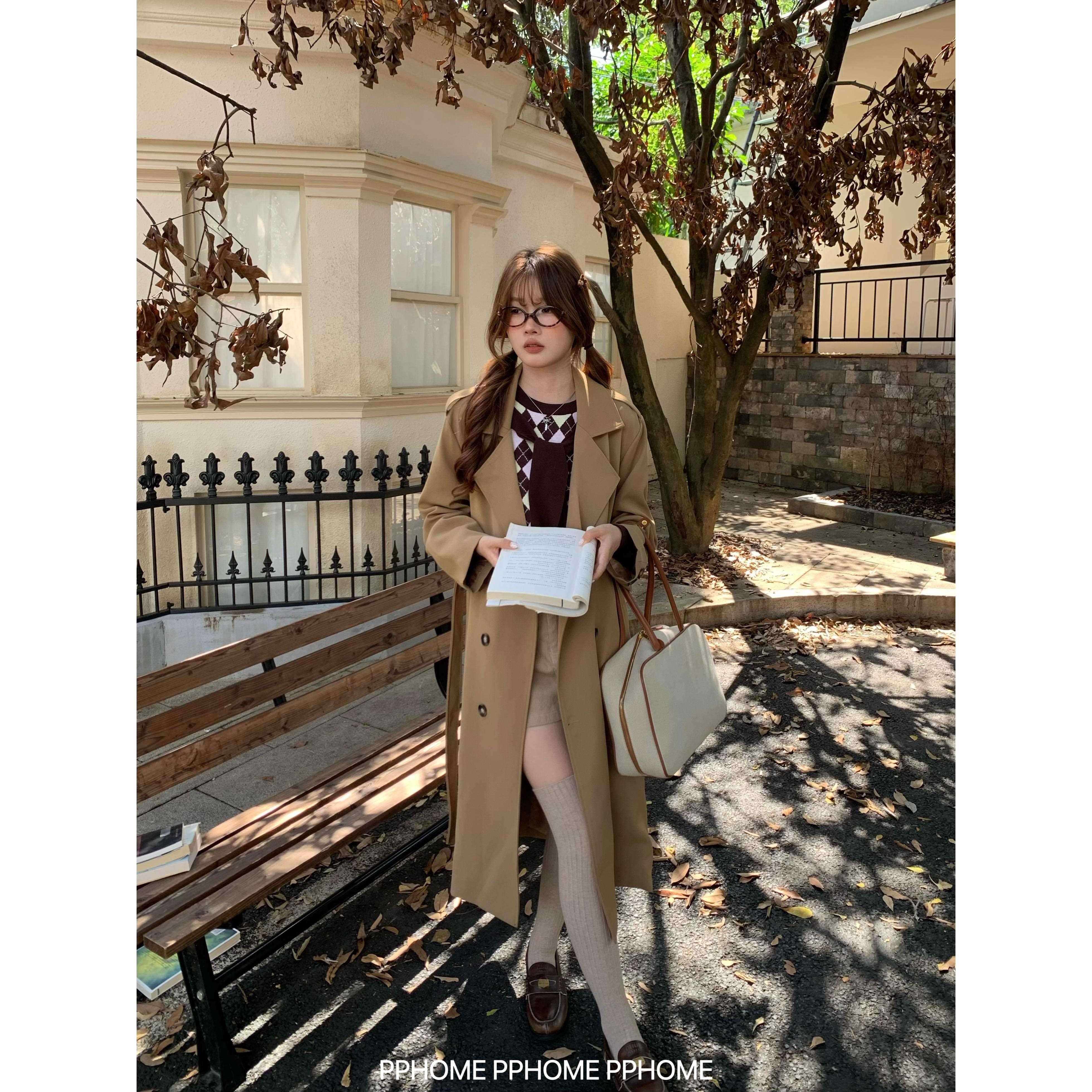 PPHOME自制~韩剧女主 正肩修身英伦复古翻领风衣外套女秋长款大衣