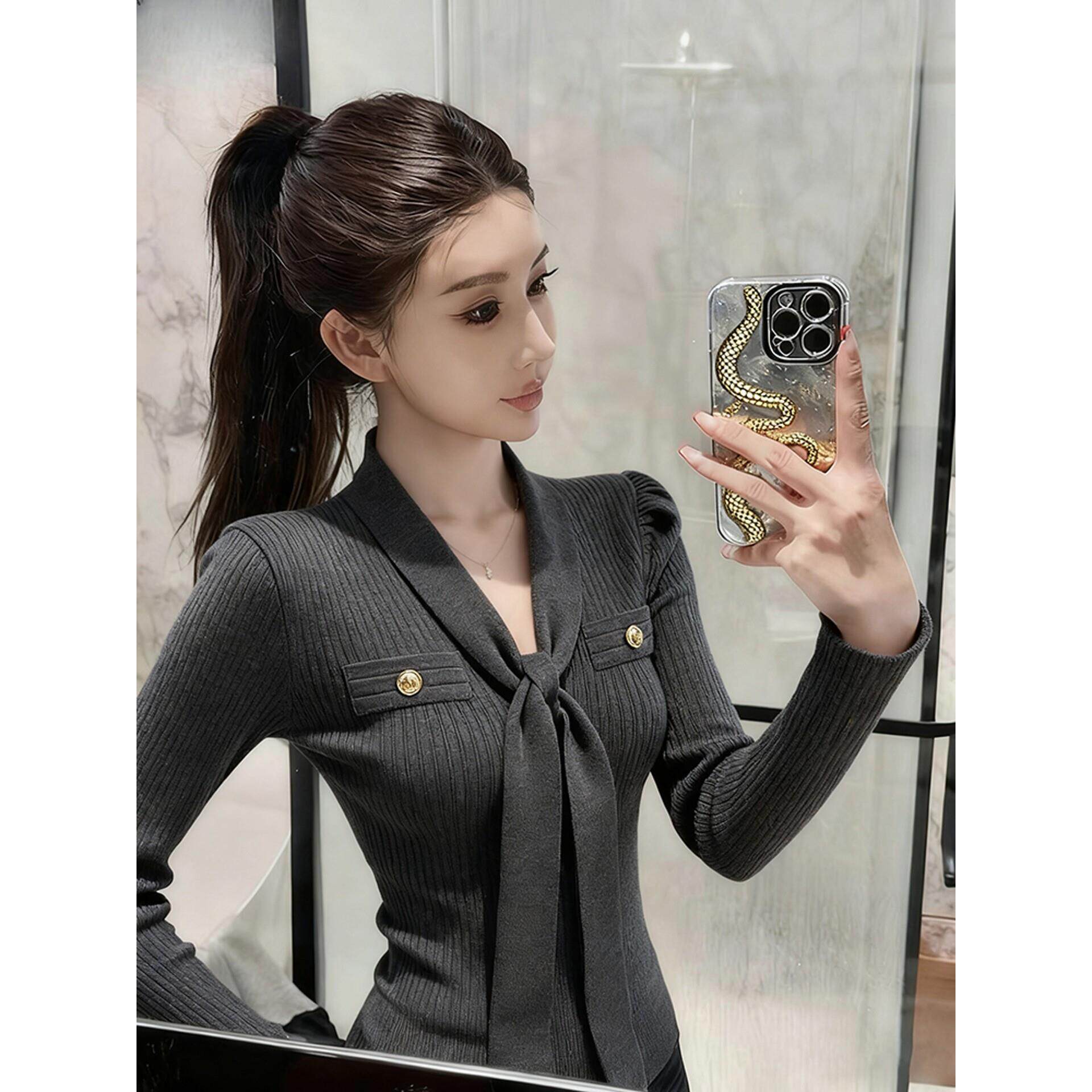 高奢灰色蝴蝶结绑带长袖t恤女春秋设计感小众修身显瘦针织衫上衣