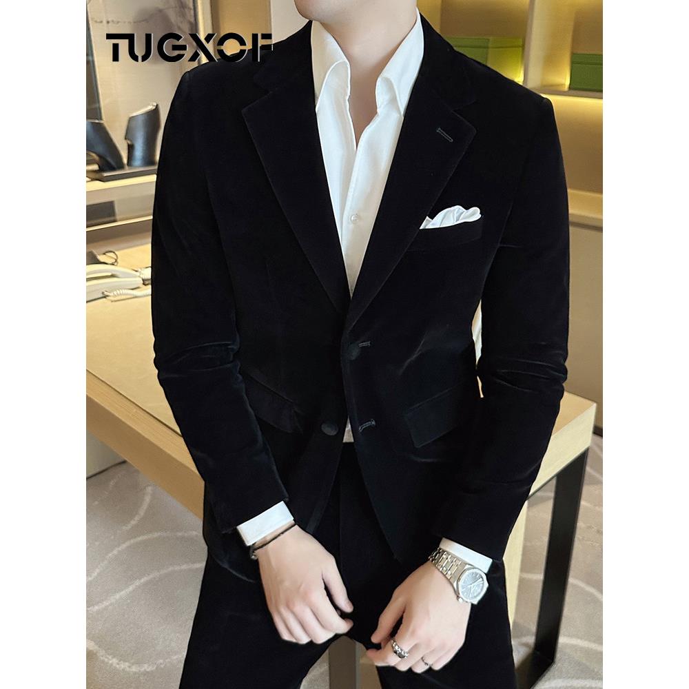 金丝绒西装男百搭2025款春秋商务休闲气质西服修身新郎结婚正装潮