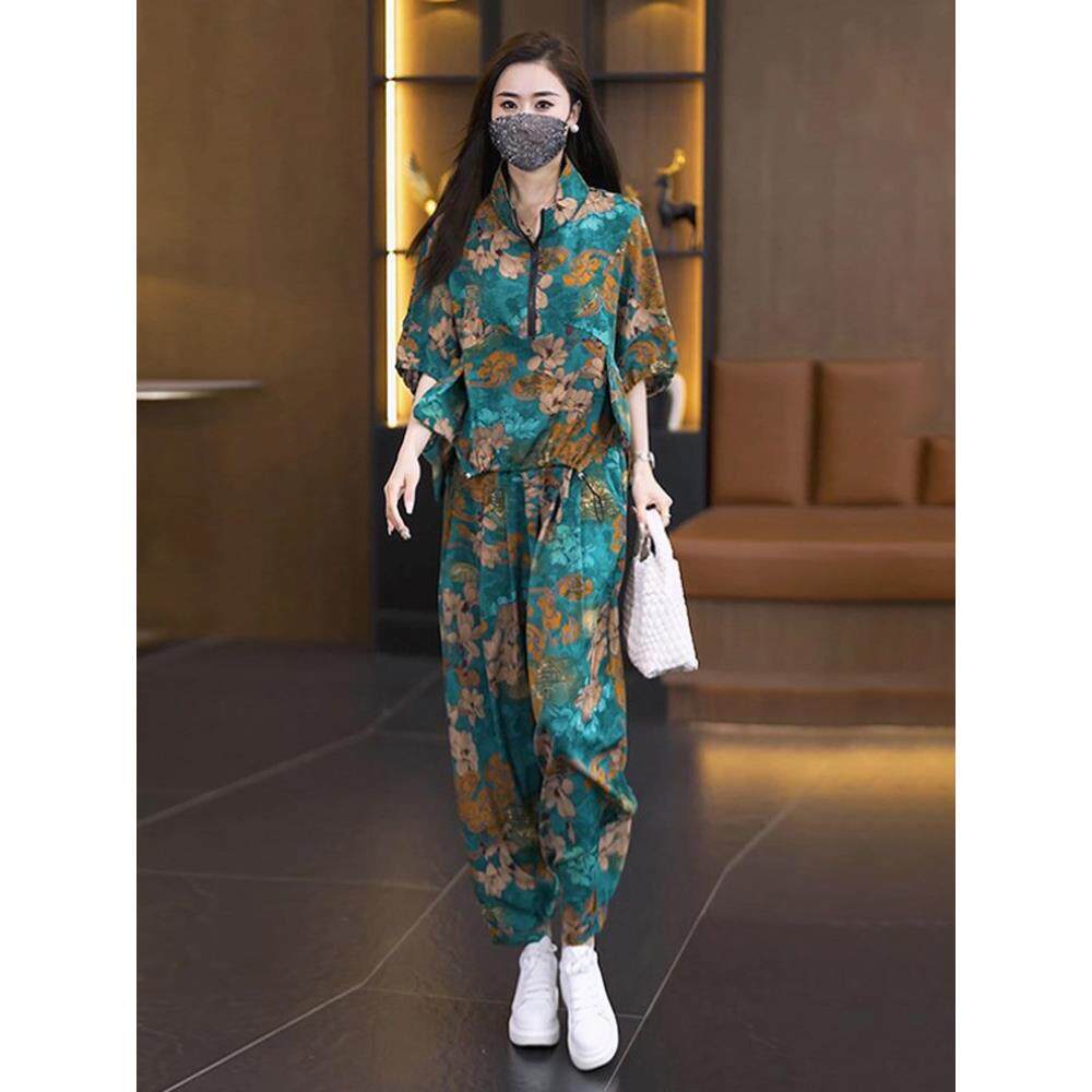 时尚冰丝套装女2026夏季新款洋气宽松衬衣搭配显瘦哈伦裤两件套