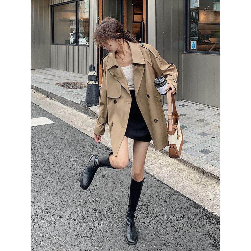 Capacity Kiss卡其色小个子风衣短外套女法式宽松休闲英伦风大衣