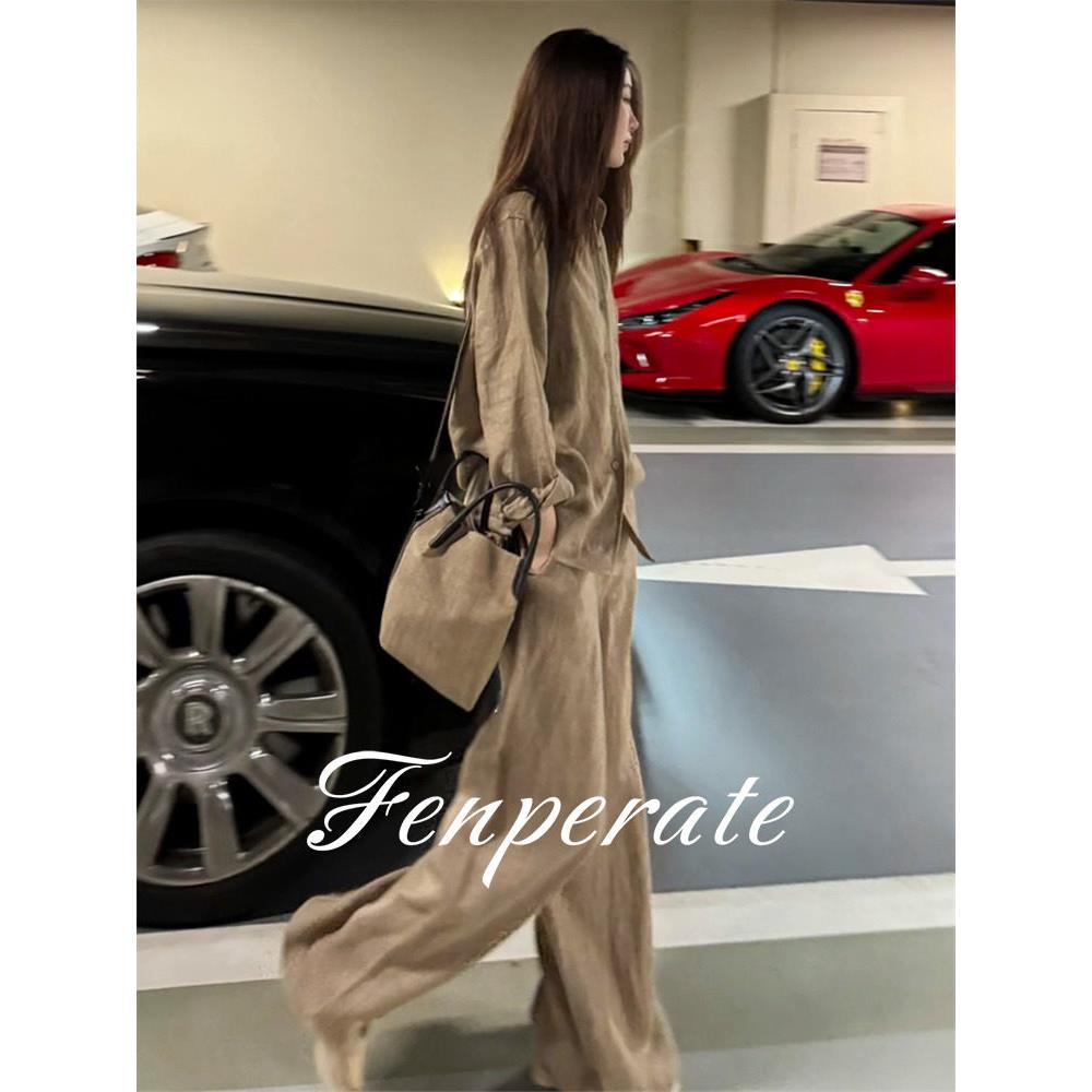 FENPERATE老钱风亚麻衬衫套装女秋季慵懒宽松高端棉麻长裤两件套