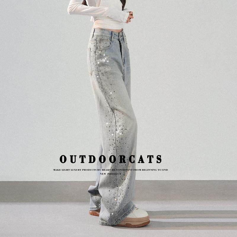 OUTDOORCAT复古休闲闪闪烫钻牛仔裤女士春季高腰显瘦阔腿拖地裤子