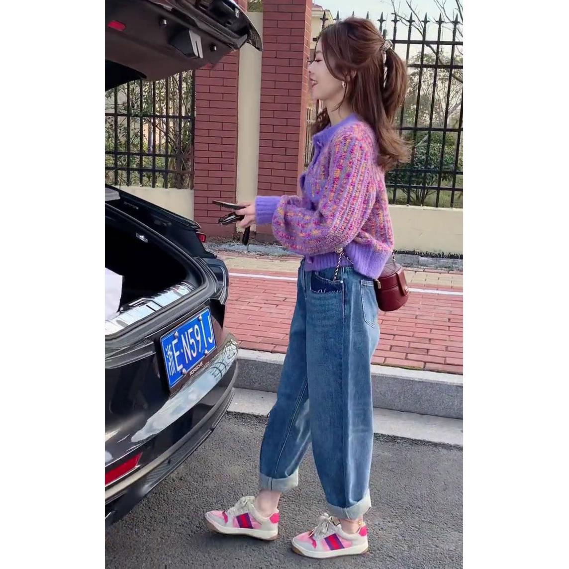 LILY MOST别致高级感紫色毛衣开衫配牛仔裤女潮港风两件套