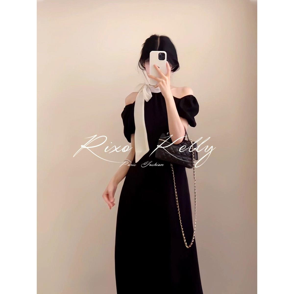 Rixo街新法国茶歇温柔风格腰部设计蝴蝶结露肩黑色连衣裙