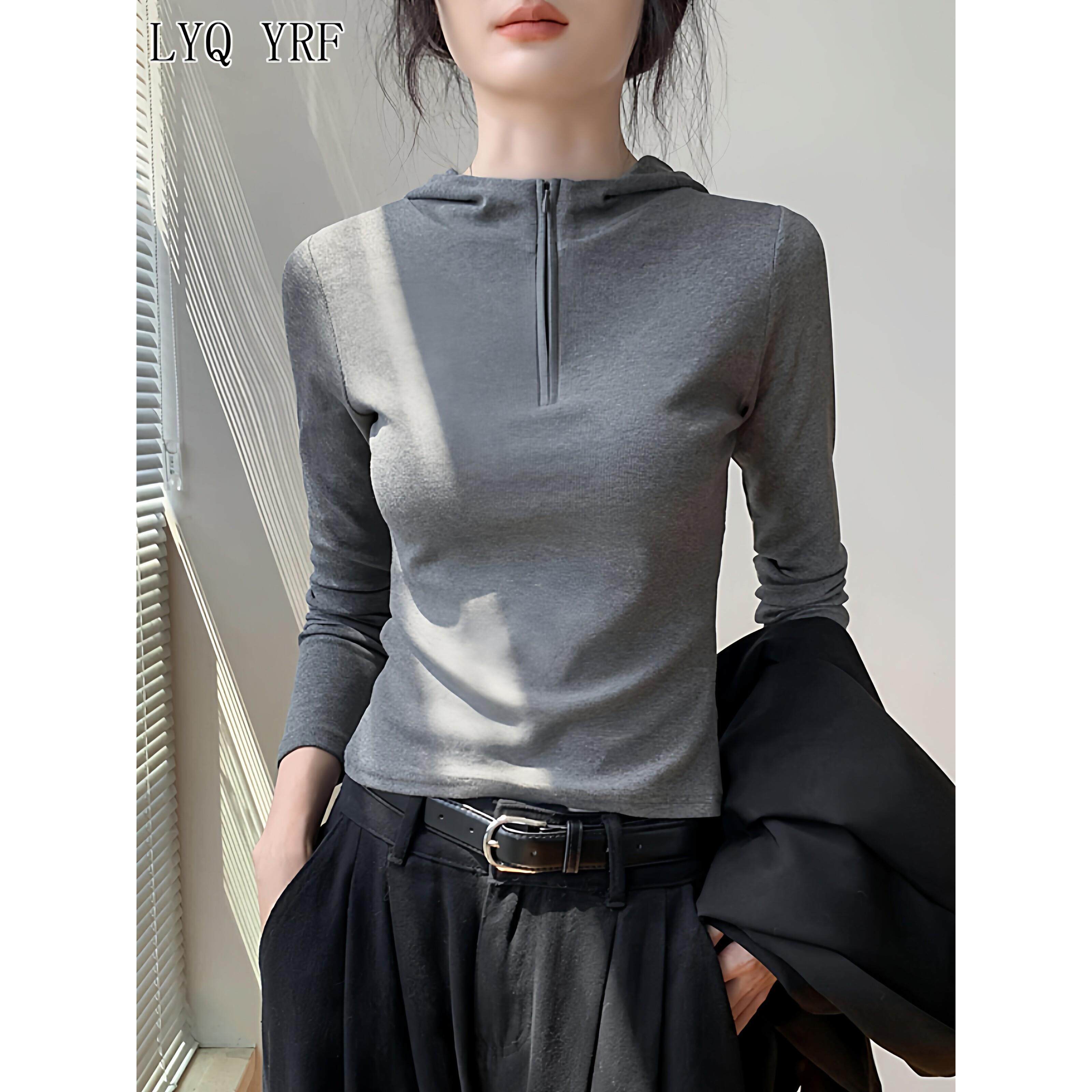 Lyq yrf韩版连帽拉炼半开领T恤女秋款修身外穿上衣纯色简约打底衫